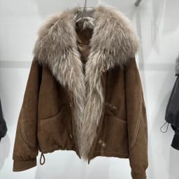OFTBUY Women Suede Cropped Coat Winter Warm Drawstring Hem Daily Wear Outerwear Oversized Real Fox Fur Collar Goose Down Jacket