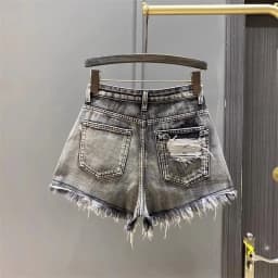 Worn Legs with Rough Edges Washed Black Denim Shorts 2026 Summer New Women Fashion A-line Wide Leg Hole Ripped Denim Shorts