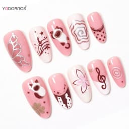 30pcs Sweet Pink Almond False Nails Cartoon Cat Music Note Polka Dot Butterfly Pattern Press On Nails French Style Manicure Art