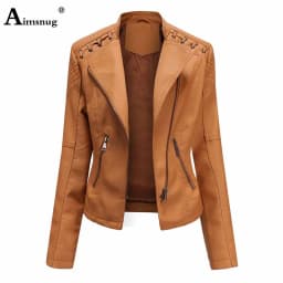 Yellow Red Faux Pu Leather Jackets 2025 Spring Autumn Fashion Zip up Top Outerwear Lady Basic Coats Plus Size Female Jackets New