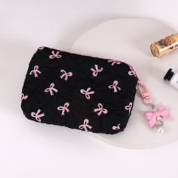 Quilted Bow Makeup Bag, Portable Travel Pouch for Lipstick, Earphones, and Small Items, Exquisite Handheld Clutch