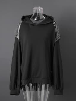 [EAM] Black Grid Hollow Out Big Size Casual Sweatshirt New Hooded Long Sleeve Women Fashion Tide Spring Autumn 2026 CPG6782