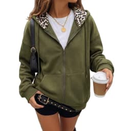 Women's Full Zip Hoodie with Leopard Hood Lining Oversized Long Sleeve Jacket Winter Warm Fleece Lined Sweatshirt Streetwear