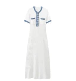 STYLISH LADY Denim Patchwork Knitted Dress 2025 Autumn Women Short Sleeve O Neck Button Bodycon Elegant OL Party Maxi Dresses