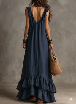 Loose Casual Dress Spring Summer Solid Color Elegant Fashion Bohemian Style Ruffled Loose Waist Sleeveless V-Neck Long Dresses