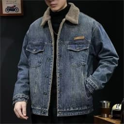 Men's Winter Thickened Warm Cotton Jacket Lamb Velvet Collar Denim Workwear Casual Style Long Sleeve Button Closure Coat