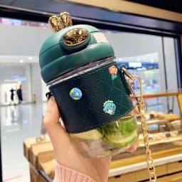 Cute Rabbit Ear Plastic Water Bottles With Straw For Girls Kids Portable Strap Student Bottle With Cup Cover Anti-drop BPA Free