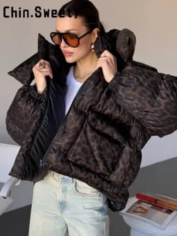 Women's Leopard Print Hooded Cotton Padded Jackets Stand Collar Zipper Short Puffy Coats 2026 Winter Lady Street Warm Outerwear