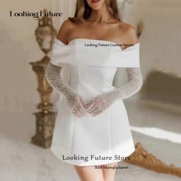 Simple A-Line Mini Wedding Dresses Elegant Long Sleeves Pleat Pearls Strapless Sexy Backless with Lace Up Short Gowns Customized