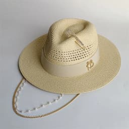 Cherry powder 2026 straw hat pearl chain DIY flat top sun hat new Korean elastic ribbon hat beach hat candy color sun hat
