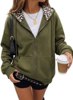 Women's Full Zip Hoodie with Leopard Hood Lining Oversized Long Sleeve Jacket Winter Warm Fleece Lined Sweatshirt Streetwear