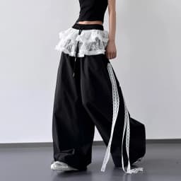 Women's Patchwork Lace Skirt Casual Wide Leg Pants Spring Summer Niche Design Contrasting Style for Fashionable Ladies