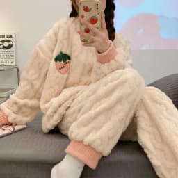 Fall and Winter Flannel Thick Warm Sleepwear Women's Long Sleeve with Fleece Home Clothes Ladies Striped Solid Color Pyjamas