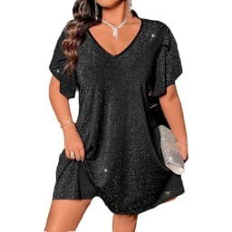 Plus Size Women's Dress V Neck Ruffle Sleeve Glitter Shiny Loose Dress Glam Dress Spring Summer Chic Dress Party Light Dress