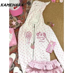 KAMEHARA Y2K Aesthetic Cute Devil Hooded Jacket Sweet E-girls Japan Kawaii Horned Zip-Up Hoodie Pink Star Print Cartoon Star Top