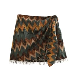 KEYANKETIAN New Vintage Geometric Print Mini Skirt Knotted Sarong Beaded Fringe Wrap Vestidos Casual Zip Short Skort Mujer