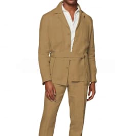 New 2 Pieces Linen Men's Suits With Belt Tuxedo Summer Casual Style Groomsmen For Wedding(Blazer+Pants)