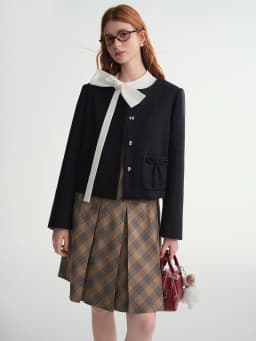 DUSHU Women's Black Wool Short Blazer With Bow Detail Structured Shoulder Slimming Cropped Jacket Top Elegant Boutique Style