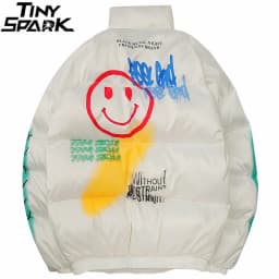 2025 Hip Hop Jacket Parka Happy Graffiti Print Men Windbreaker Streetwear Harajuku Winter Padded Jacket Coat Warm Outwear Thick