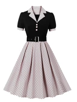 Hot Selling Commuting Art Retro Polka Dot Short Sleeved Lapel Dress with Belt in Europe and America
