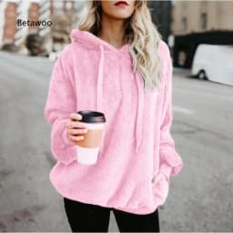 Women Casual Plush Hooded Sweatshirt Half Zip Drawstring Design Long Sleeve Front Kangaroo Pocket Relaxed Winter Pullover