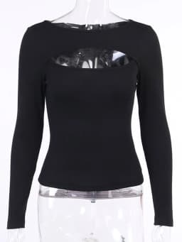 Autumn Women T-Shirt Hollow Out Solid Black White Long Sleeve Knitted Tee Tops Casual Slim O Neck 2024 Fashion T Shirt