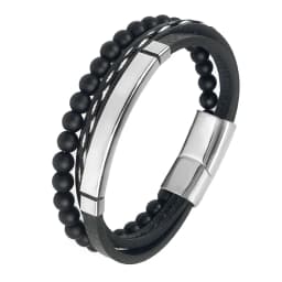 MingAo Charm Men Jewelry Natural Stone Multi-Layer Leather bracelet Black Stainless Steel Magnetic Clasp Tiger eye Bead Bracelet