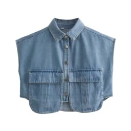 Zevity Women Fashion Solid Color Double Pocket Patch Short Denim Blouse Female Button Shirt Chic Chemise Crop Blusas Tops LS5015
