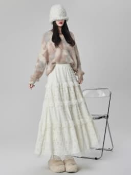 Gentle Wind High Waist A-Line Lace Splicing Long Skirt Women's Fairy Tale Cake Skirt Mid-Length Midi Skirt for Autumn Winter