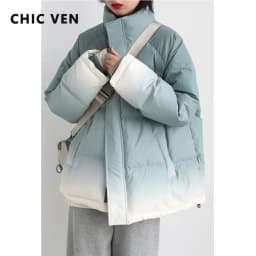 CHIC VEN Women's Down Coat Reflective Gradient Thickened Women Bread Coats 90 White Duck Down Jacket Warm Overcoat Winter 2024