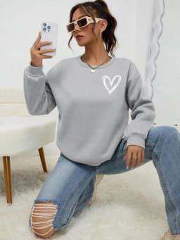 Simple Heart Pattern Printing Sweatshirts For Womens Casual Comfortable Crewneck Hoodies Loose Fleece Warm Sportswear Clothes