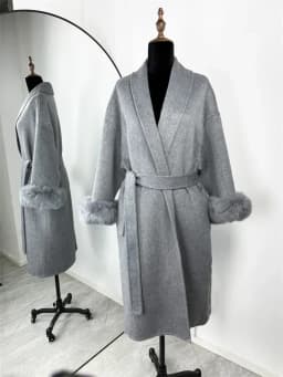 Retro Faux Fur Patchwork Woolen Maxi Coat Women Solid Full Sleeves V-neck Lace Up Loose Coats Lady Winter Commute Outwear New