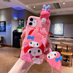 For iPhone 17 16 16e 15 14 13 12 11 Pro Max Air XR X XS Max 6 6S 7 8 Plus SE 3D Cartoon Sanrio Kitty Melody Holder Lanyard Case