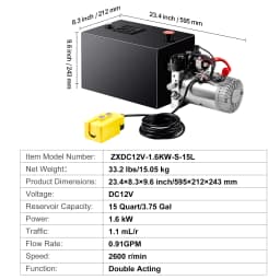 SucceBuy Hydraulic Pump 15 Quart Hydraulic Power Unit Double Acting Dump Trailer Pump, 0.91GPM Flow Rate DC 12V Hydraulic Pump