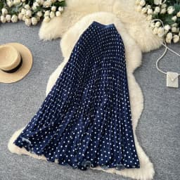 Korean Style Polka Dot Print Pleated A-line Long Skirts Women 2026 Spring Summer High Waist Casual Skirt