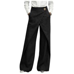 Womens Linen Wrap Wide Leg Pants High Waist Button Decor Asymmetrical Overlap Trousers Casual Loose Fit Office Lady Work Pants