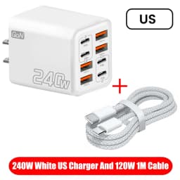 8 in 1 GaN USB C Desktop Charger 240W Fast Charge Phone Adapter Type C Cable For iPhone Samsung Xiaomi EU/US/UK Plug Charger