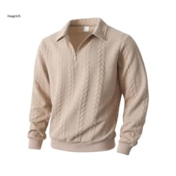 Mens Lapel Half Zip Sweatshirt Long Sleeve Cable Textured Pullover Relaxed Fit Tops For Daily Casual Autumn And Winter Dressing