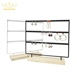 Metal 6 Layers Earring Display Holder Ear Stud Display Rack Wood Base 3-Tiers 69 Holes Jewelry Storage Organizer Stand Reusable