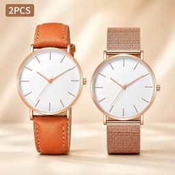 Luxury Simple Couple Watches Set 2Pcs Thin Round Dial Mesh Strap & Leather Band Quartz Wristwatches For Men Women Couple Gift