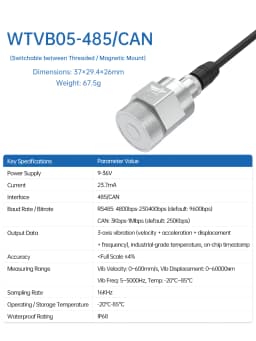 WitMotion WTVB01-485 Arduino Vibration Sensor,3axis IP68 Modbus Vibration Analyzer(Vibration Acceleration/Speed)for PLC & Python