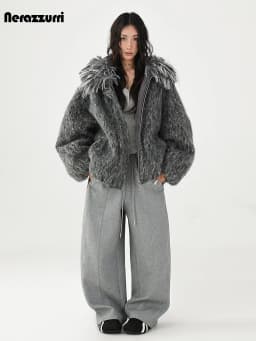 Nerazzur Autumn Winter Warm Thick Grey Oversized Quilted Blends Coat for Women with Faux Fur Trim Hood Loose Casual Woolen Coat