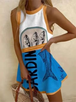 2025 Summer Casual print loose mini Dresses For Woman Fashion Beach Marine elements Dress o-neck Sleeveless party Dress