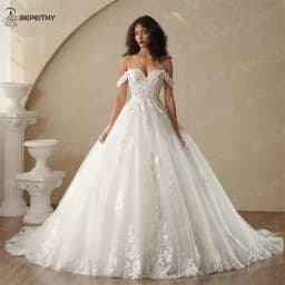 BEPEITHY Customized Princess Off Shoulder Sleeveless Ball Bride Wedding Dresses For Women 2025 Ivory Lace Glitter Bridal Gown