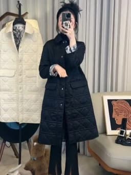 Trendy Black Khaki Style Cotton Jacket Mid-Length Quilted Korean System Small Fragrance Wind High-End Feel Autumn Winter Coat