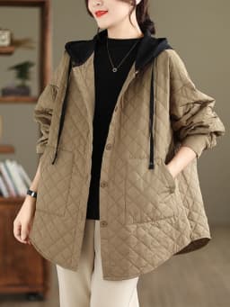 Large Size Women's Faionable Lightweight Hooded Cotton Jaet Autumn Winter New Arrival Diamond Pattern Loose Casual Coat
