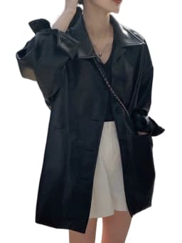 Black Lapel Leather Jacket Women's Loose Fit Retro Stylish Short Outerwear for Small Figures Autumn Winter Fashionable Coat