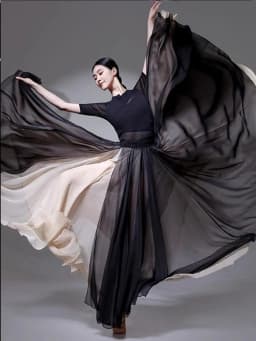Black White Double Layered Chiffon Skirt 360 Degree Rotation Dance Costume New Style Human World Dancewear Maxi Skirt