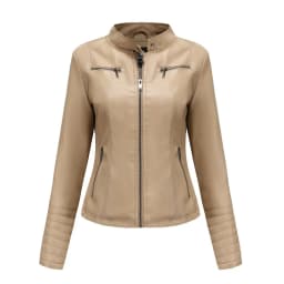 Faux Leather Women Coat Pu Coats Thin Jacket Full Sleeve Stand Collar Slim Fit Solid Sexy Regular Jackets Zipper Casual Splice