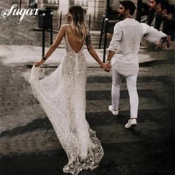 Sparkly Illusion Neck Lace Wedding Dress Backless Sequin Bridal Gown Glitter V Neck Spaghetti Strap Wedding Gown vestido novia